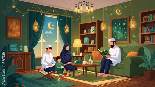 Muslim family celebrating Ramadan in a decorated living room reading Quran concept of faith and togetherness warm interior scene