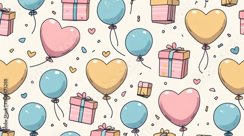 A playful seamless pattern of cute pastel-colored balloons (heart-shaped, round), tied with strings, floating alongside small wrapped gift boxes and confetti.