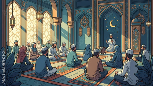 Islamic prayer hall gathering men and women listening to a teacher traditional mosque interior with ornate details and sunlight
