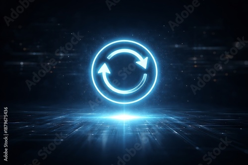 Refreshing neon circle icon with arrows indicating cycle or refresh action in dark futuristic background