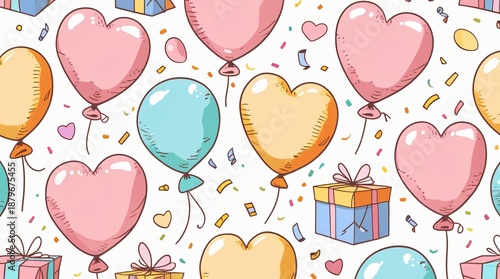 A playful seamless pattern of cute pastel-colored balloons (heart-shaped, round), tied with strings, floating alongside small wrapped gift boxes and confetti.