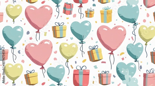 A playful seamless pattern of cute pastel-colored balloons (heart-shaped, round), tied with strings, floating alongside small wrapped gift boxes and confetti.