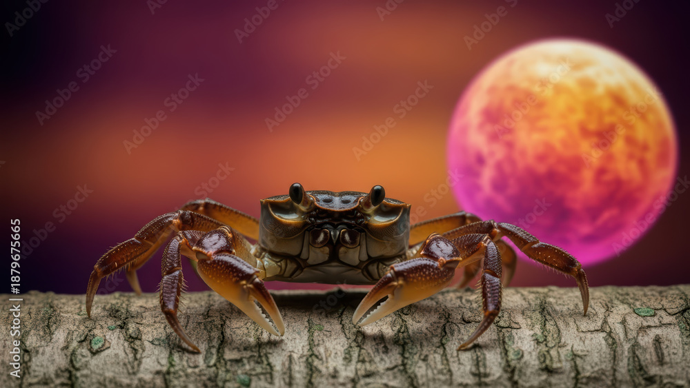 Fototapeta premium Crab on cracked surface with glowing moon background