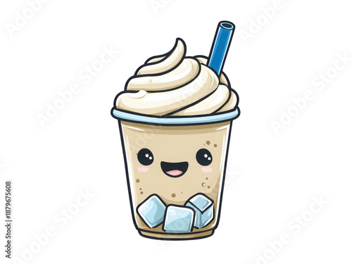 A cartoon cup of ice cream with a straw in it