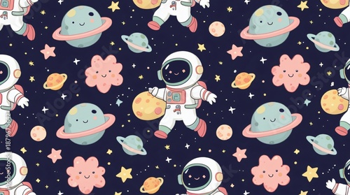 A charming seamless pattern of cute cartoon astronauts floating around tiny planets and heart-shaped asteroids in a whimsical outer space setting.