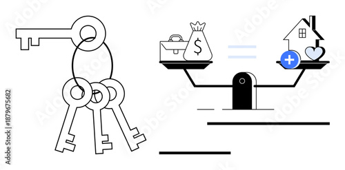 Real estate concept. Real estate through keys, scales balancing money with homeownership icons. Real estate for financial planning, property investment, mortgages, and ownership decisions