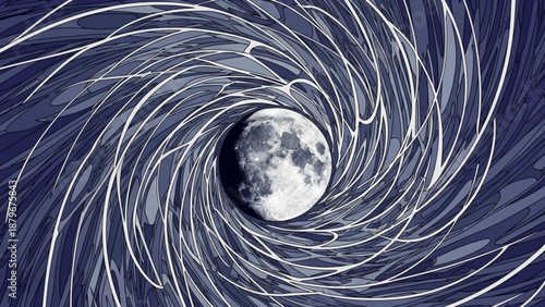Moon in a swirling vortex of abstract lines representing cosmic energy or a black hole digital art for science and fantasy concepts