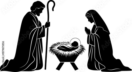 Black nativity silhouette of Joseph and Mary kneeling by baby Jesus in a manger for religious Christmas celebration vector design