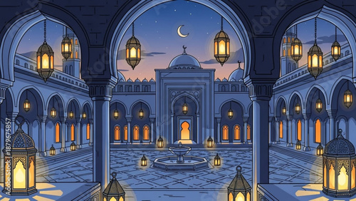 Ornate Islamic courtyard at night illuminated by lanterns and moonlight ideal for Ramadan or Eid celebrations detailed illustration