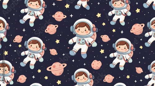 A charming seamless pattern of cute cartoon astronauts floating around tiny planets and heart-shaped asteroids in a whimsical outer space setting.