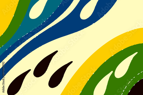 Close-up abstract pattern featuring overlapping curved shapes in yellow, green, and blue tones with dark teardrop accents.