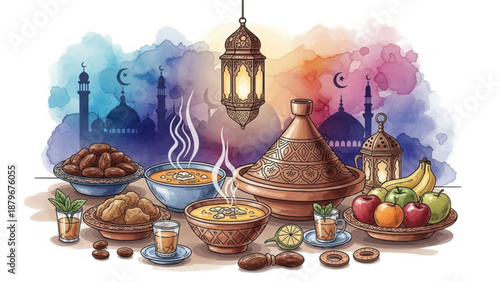 Ramadan Iftar food spread with dates tagine and fruits watercolor illustration with mosque silhouette and lanterns concept for Islamic holid