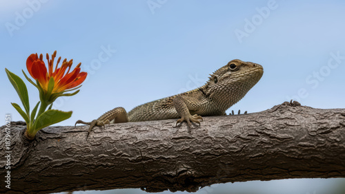 Lizard on branch with orange flower in natural habitat