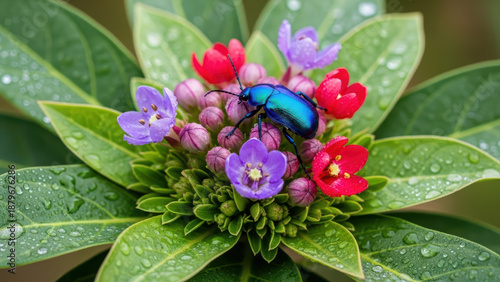 Glossy blue beetle on colorful flowers with dew-drops