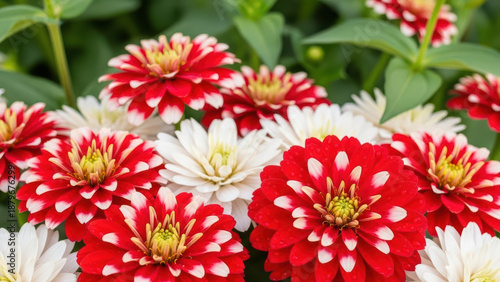 Vibrant Red and White Daisies in a Lush Garden Setting