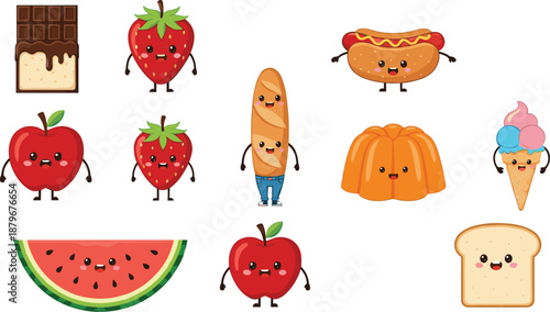 Cute kawaii food character set with fruits desserts bread hotdog chocolate and sweet smiling cartoon icons vector