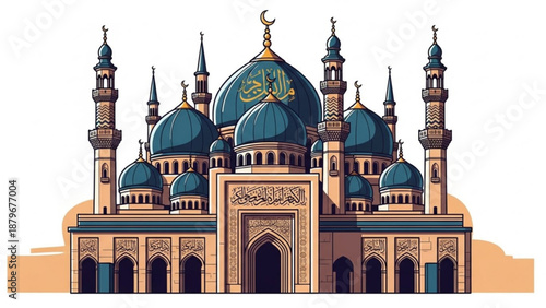 Islamic mosque with blue domes and minarets traditional architecture illustration for cultural and religious concepts isolated on white