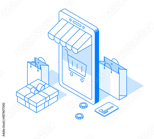 Isometric vector illustration of a smartphone with storefront awning and shopping bags. Lineart style concept of ecommerce, marketplace, and mobile shopping. Digital retail business