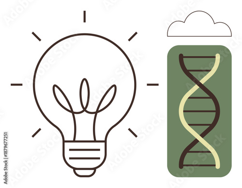 Renewable energy, sustainability, innovation, genetic research, biotechnology, eco-friendly technology. Light bulb with leaf-thumbs up filaments and DNA strand inside a green battery. Renewable