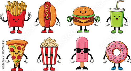 Cute kawaii fast food character set with fries hotdog burger pizza popcorn soda and donut vector illustration