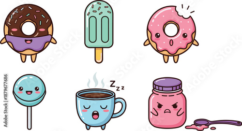 Cute kawaii food and drink characters set with donut popsicle lollipop coffee cup and jam jar vector