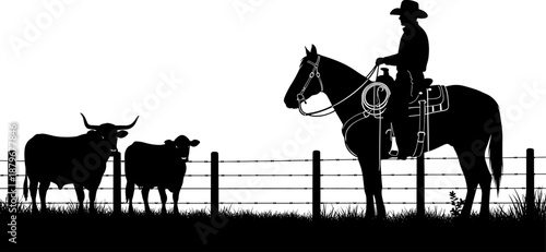 Professional cowboy on horse silhouette herding cattle at ranch fence, western rancher working with bulls and cows for country lifestyle vector illustration.