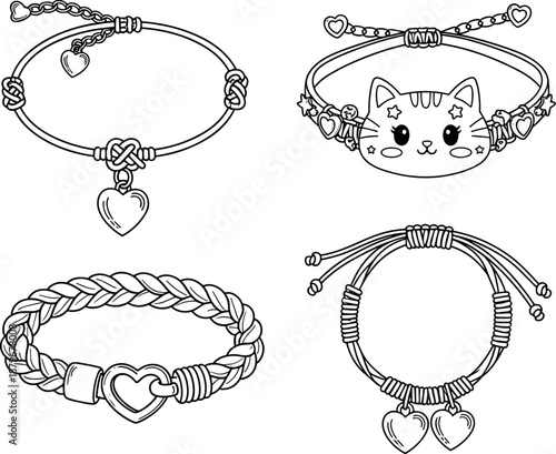 Set of handmade friendship bracelets with heart charms and cute cat face, braided jewelry illustrations for DIY craft branding and fashion accessories vector.