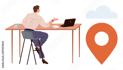 Location tracking, remote work, business strategy, office communication, workflow coordination, planning tools. Man at desk with laptop near orange location pin and cloud. Location tracking