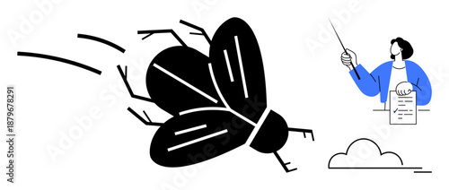 Large flying bug with motion lines, person holding swatter and paper, simple cloud. Ideal for pest control, problem-solving, hygiene, strategy, action responsibility cleanliness. Simple flat