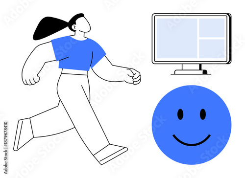 Technology and lifestyle concept. Technology portrayed with computer and its interaction with lifestyle. Technology connecting everyday activities and fostering positive emotions. For UX design