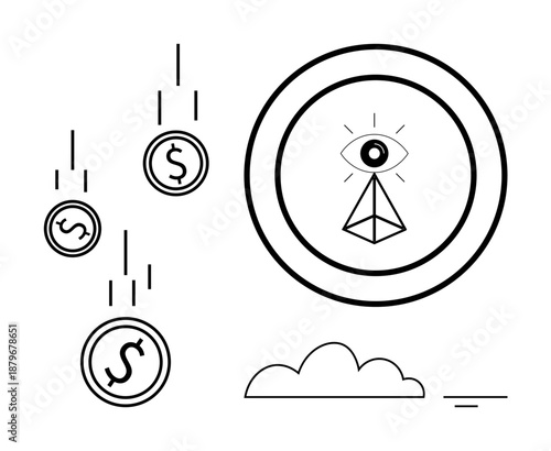 Monetary flow concept. Illustration shows falling coins with dollar signs and an eye symbol financial surveillance. Monetary systems, digital transactions, financial control . Ideal for fintech