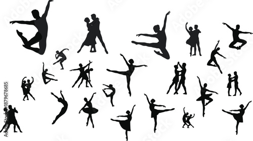 Ballet and contemporary dance silhouettes of couples and solo performers leaping, spinning, and balancing in elegant choreography poses isolated on white background