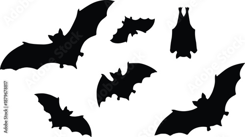 Bat silhouettes set with flying and hanging poses isolated on white background, nocturnal mammal shapes for Halloween, horror themes, wildlife design, logos and illustrations