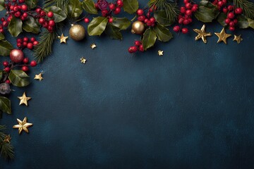 Festive arrangement with evergreen boughs, red berries, gold stars, and ornaments on a dark blue background
