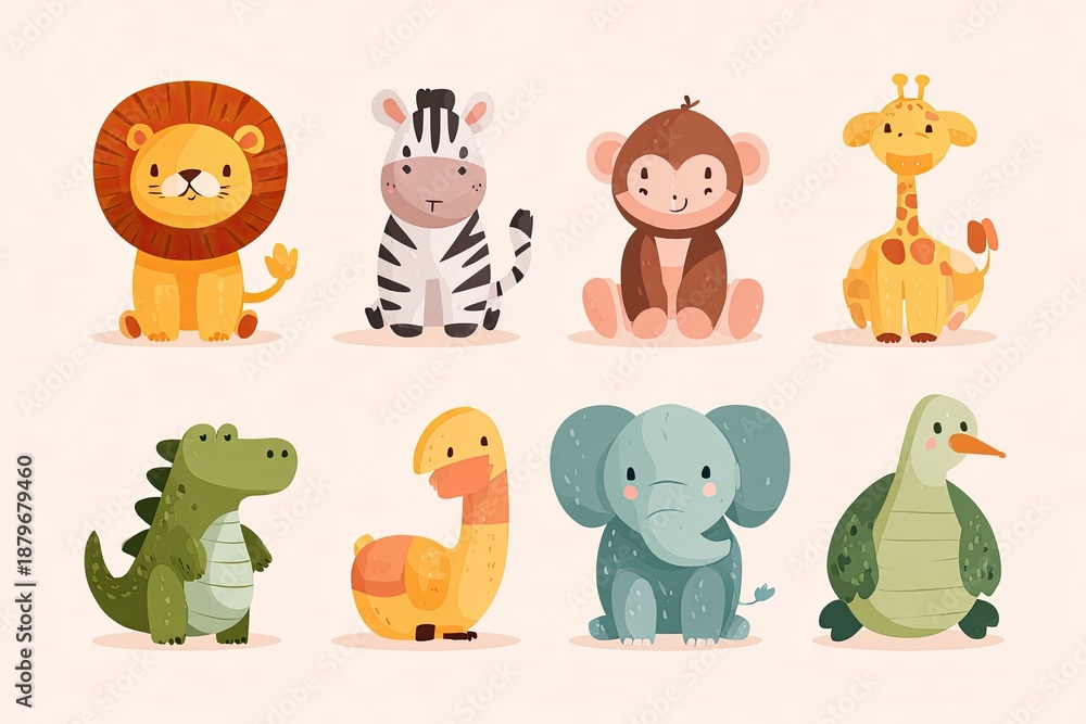Naklejka premium Cute illustrations of eight cartoon animals, including lion, zebra, monkey, giraffe, alligator, flamingo, elephant, and tortoise
