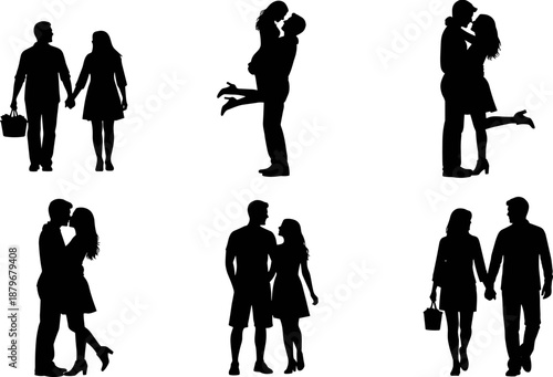 Romantic couples in love silhouettes set featuring happy pairs hugging kissing and walking together, relationship and valentine day concept for dating app branding vector.