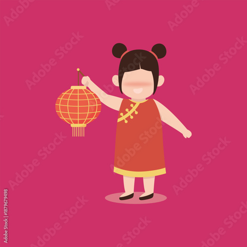 Adorable young Chinese girl holding a traditional red lantern celebrating Asian culture