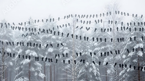 Large flock of black birds perched on power lines in snowy forest