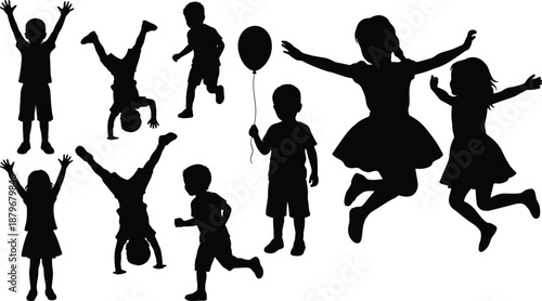 Black silhouettes of children playing, jumping, running and dancing together, joyful childhood activity set representing fun, freedom, happiness, kids lifestyle, and playful moments illustration