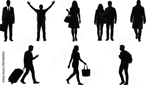 Black silhouettes of diverse people walking, standing and traveling, representing urban lifestyle, business, commuting, shopping, teamwork, and modern daily life concepts illustration