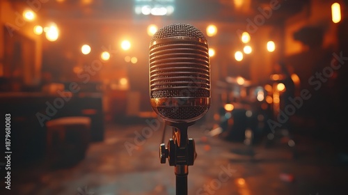 Vintage Microphone on Stand in Dimly Lit Studio with Warm Bokeh Lights and Musical Instruments Out of Focus