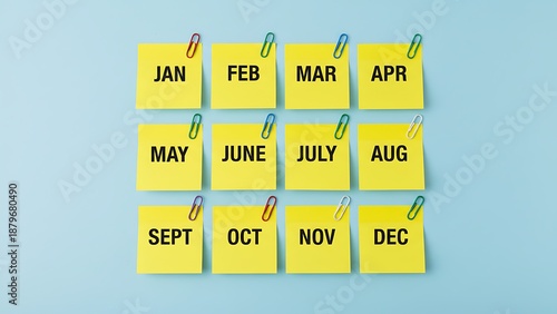 Wallpaper Mural Twelve yellow sticky notes with abbreviations of months Jan to Dec attached to a light blue background with colorful paper clips, organized in rows Torontodigital.ca