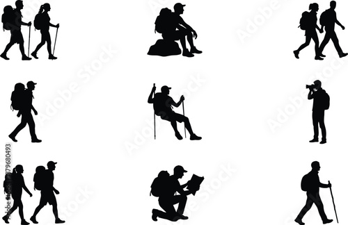 Black silhouettes of hikers and travelers walking, resting and exploring nature, outdoor adventure people set representing trekking, hiking lifestyle, tourism, and exploration concepts illustration