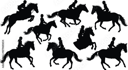 Black silhouettes of horse riders jumping and galloping, equestrian sport people set representing horseback riding, competition, training, freedom, and dynamic motion illustration