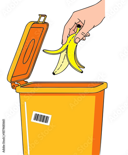 Hand Throwing Banana Peel Into Trash Bin.