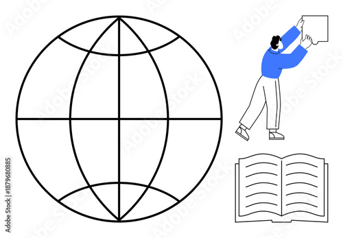 Education concept. Education ed through globe, open book, and individual sharing ideas. Education fostering global understanding and spreading knowledge. For learning, communication, literacy, global