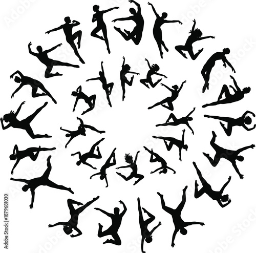 Circular composition of dynamic dance silhouettes forming abstract pattern, energetic male and female performers in jumping and spinning choreography isolated on white background