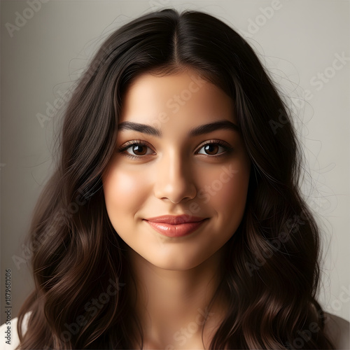 portrait close-up face of smiling young woman with long wavy hair
