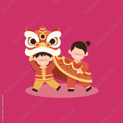Young performers bring vibrant Chinese lion dance to life in cheerful cultural illustration