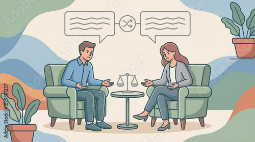 Workplace conflict mediation with two coworkers arguing on sofa and scales of justice negotiation speech bubbles and dispute resolution flat design vector illustration